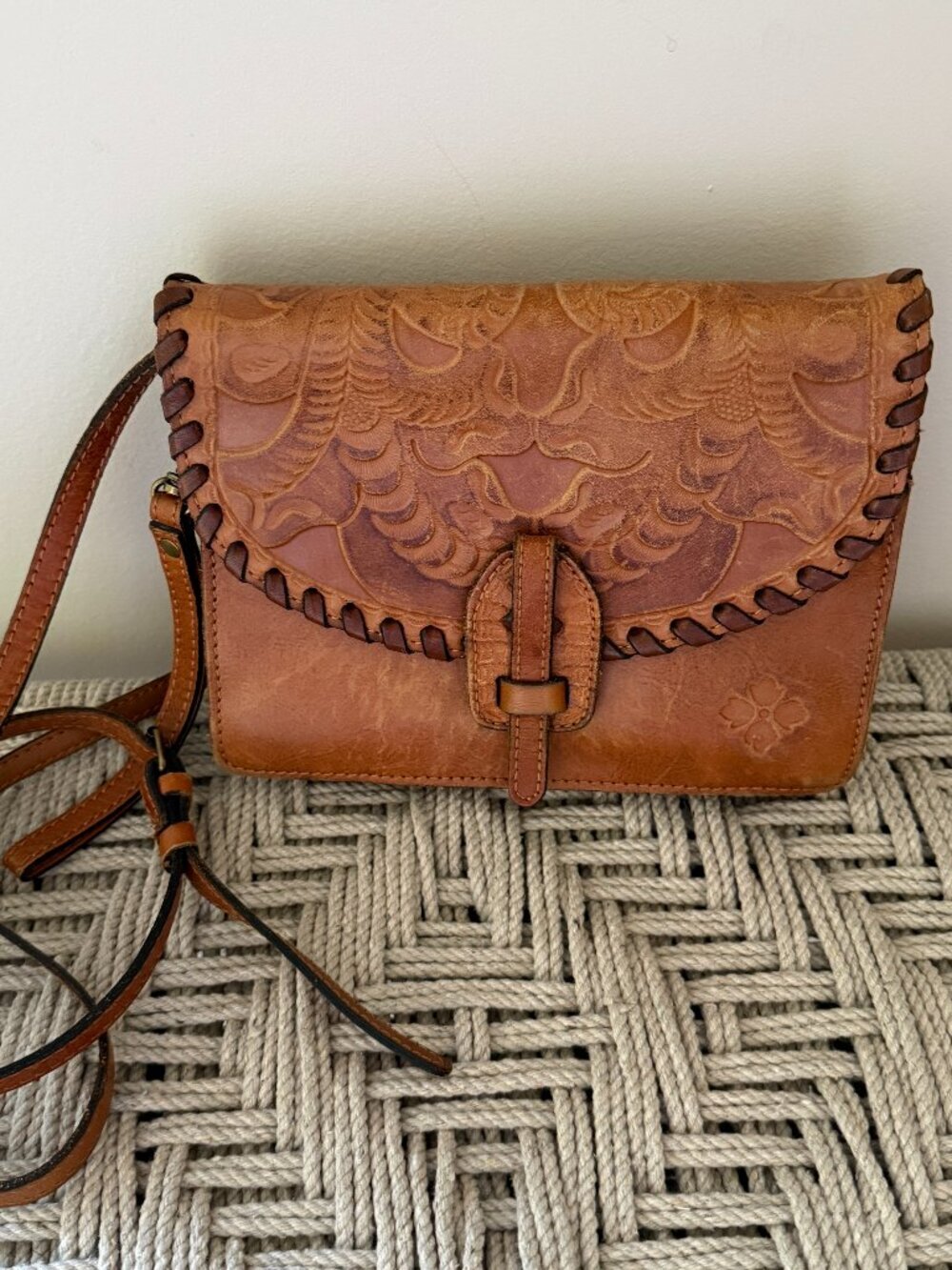 Patricia Nash Lanza Tooled Leather Crossbody Bag Burnished Cognac Boho Western